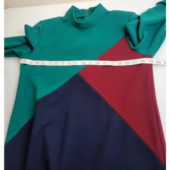 VTG EJM Colorblock Turtleneck Long Sleeve Sheath Dress Green Blue Red Size 8 - Picture 3 of 11
